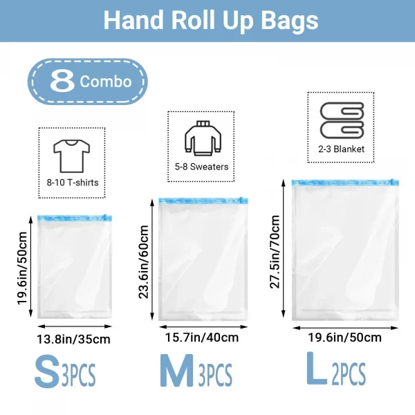 8 Pack Roll Up Compression Bags Reusable Vacuum Storage Bags for Travel Organizer Saving Space in Suitcase  No Pump Required – Bild 8