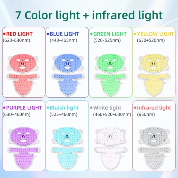 LED 8 Colors Face Mask with Neck Red Light Near Infrared Therapy Soft Silicone Mask Anti Aging Wrinkle Acne Pore Tighten Whiten – Bild 4